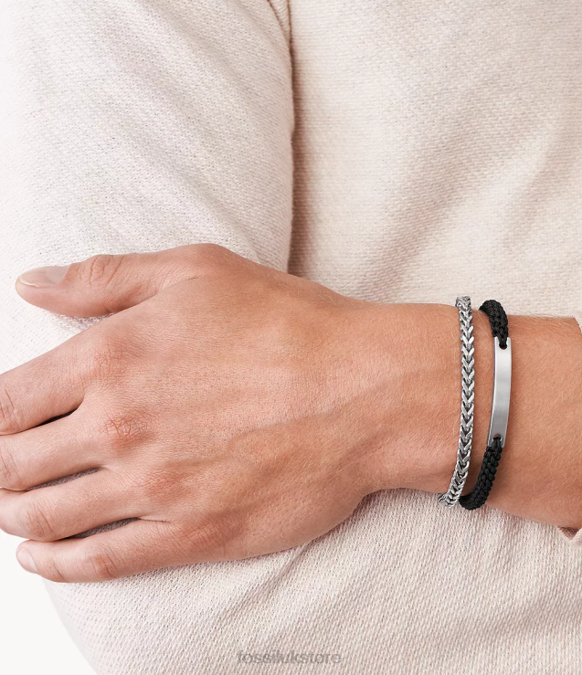 Jewelry 2N02H1847 Silver-Tone Men Fossil Double-Strand Nylon and Steel Bracelet