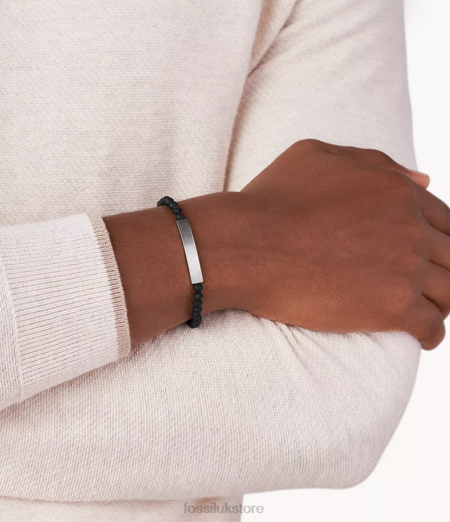 Jewelry 2N02H1848 Silver-Tone Men Fossil Plaque Lava Stone Bracelet