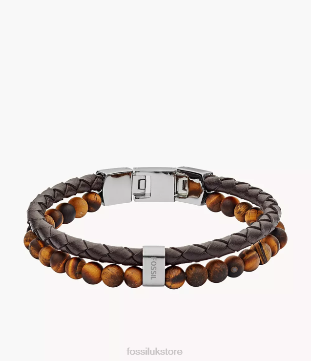Jewelry 2N02H1849 Tiger's Eye and Brown Men Fossil Leather Bracelet