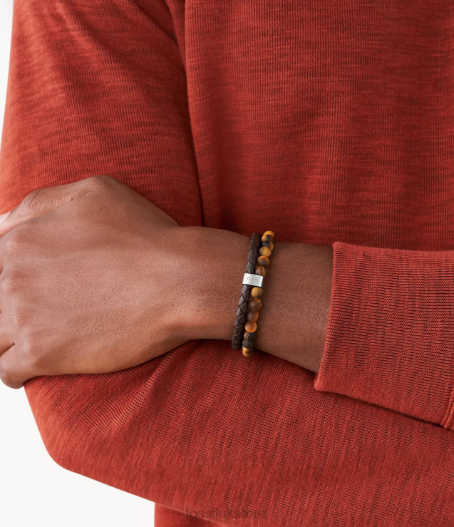 Jewelry 2N02H1849 Tiger\'s Eye and Brown Men Fossil Leather Bracelet