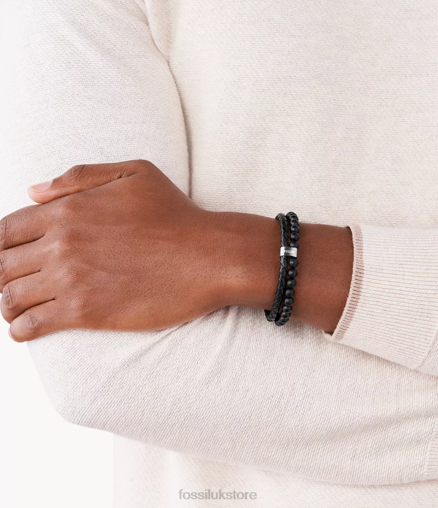 Jewelry 2N02H1859 Black/Silver Men Fossil Vintage Casual Multi-Strand Bracelet