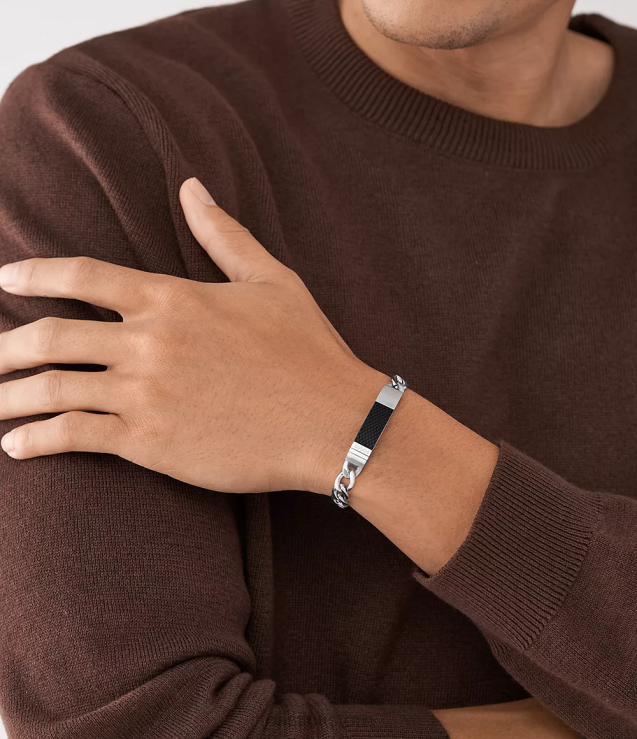 Jewelry 2N02H1864 Silver-Tone Men Fossil Textured Plaque Stainless Steel Chain Bracelet