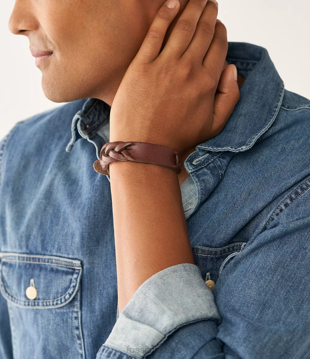 Jewelry 2N02H1957 Brown Men Fossil Heritage Braided Leather Strap Bracelet