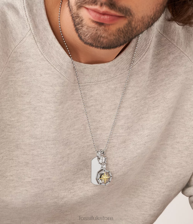 Jewelry 2N02H1902 Silver-Tone Men Fossil Sutton Compass Stainless Steel Dog Tag Necklace