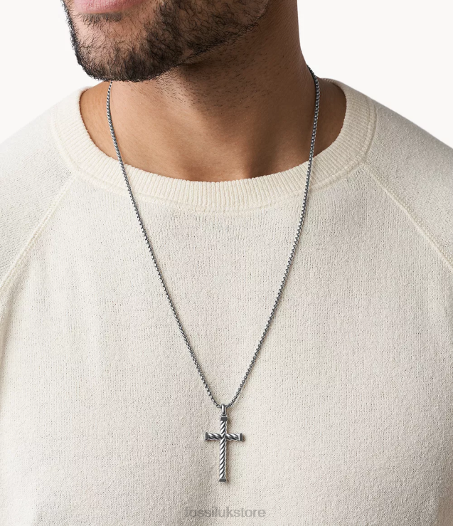 Jewelry 2N02H1905 Silver-Tone Men Fossil Meaningful Moments Stainless Steel Cross Pendant Necklace