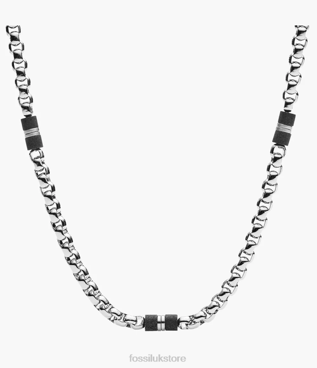 Jewelry 2N02H1913 Silver-Tone Men Fossil Marble and Steel Beaded Necklace