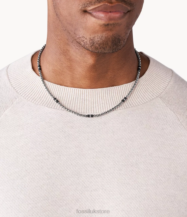 Jewelry 2N02H1913 Silver-Tone Men Fossil Marble and Steel Beaded Necklace