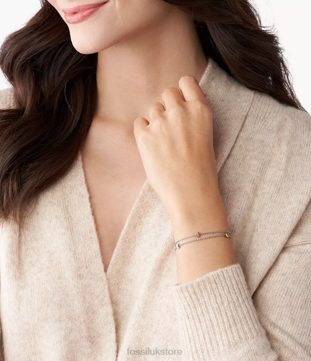 Jewelry 2N02H1015 Silver Women Fossil Sutton Heart Tri-Tone Steel Double-Chain Bracelet