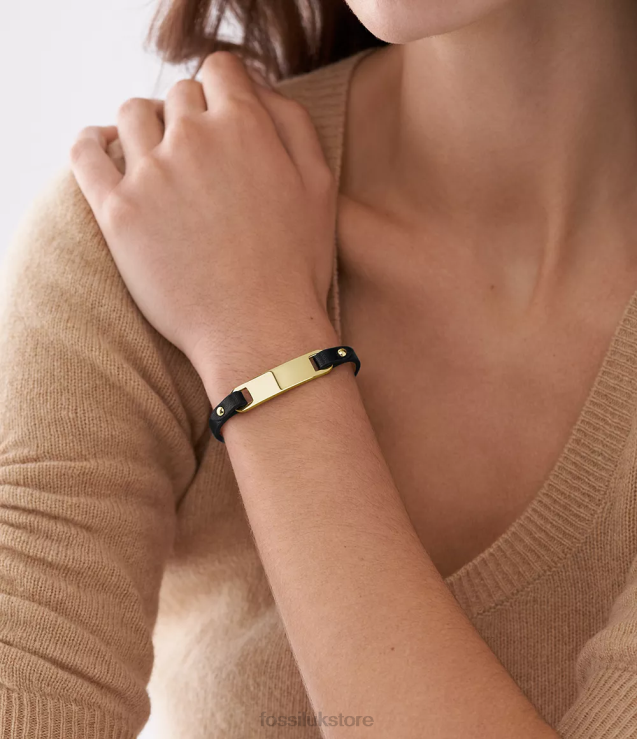 Jewelry 2N02H980 Black Women Fossil Heritage Plaque Leather Strap Bracelet