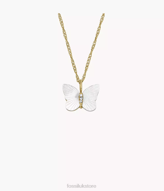 Jewelry 2N02H897 White Mother of Pearl Women Fossil Radiant Wings Butterfly Chain Necklace