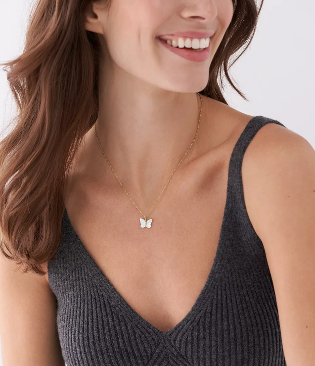 Jewelry 2N02H897 White Mother of Pearl Women Fossil Radiant Wings Butterfly Chain Necklace