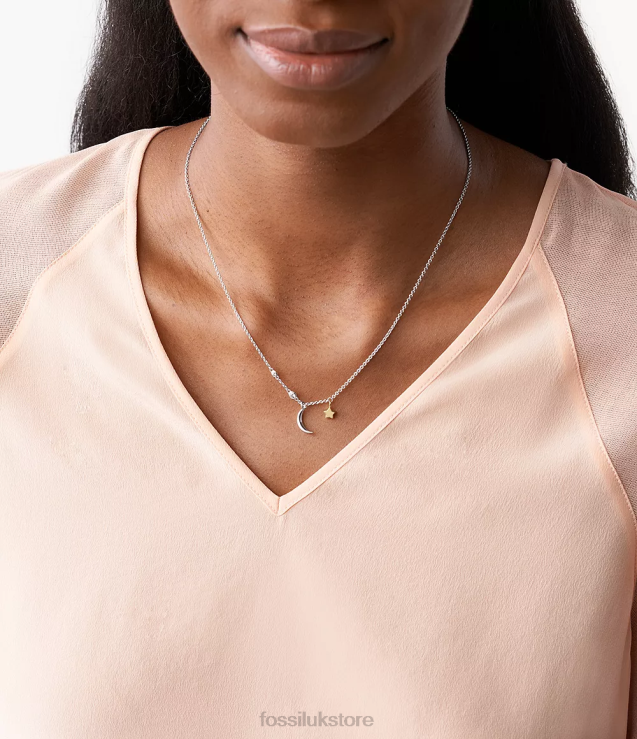 Jewelry 2N02H929 Silver Women Fossil Elliott Sterling Star and Crescent Moon Necklace