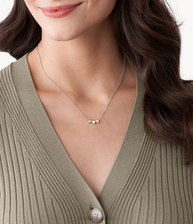 Jewelry 2N02H935 Silver Women Fossil Elliott Mother\'s Day Heart Tri-Tone Sterling Boxed Necklace