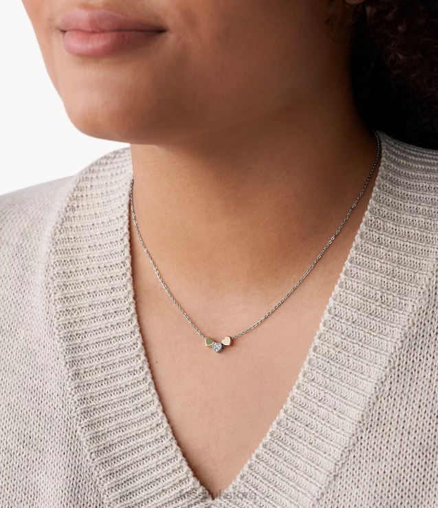 Jewelry 2N02H940 Silver Women Fossil Sutton Heart Tri-Tone Steel Necklace