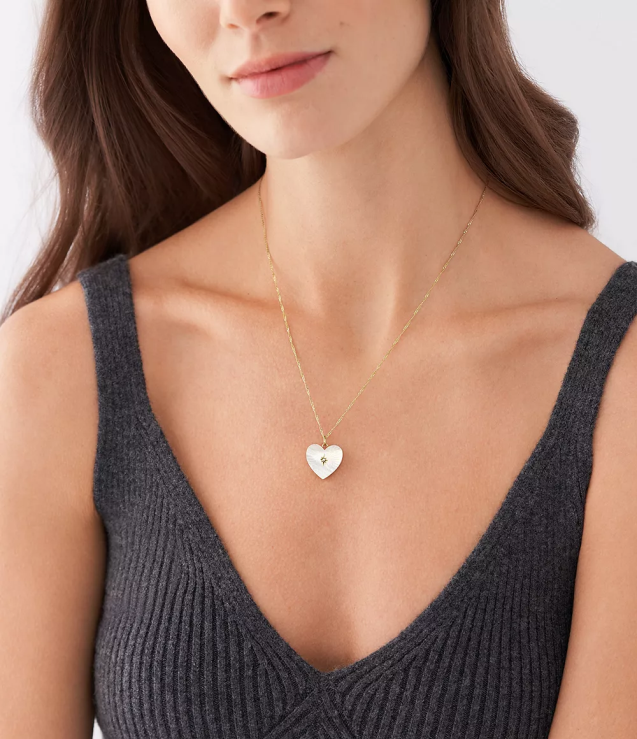 Jewelry 2N02H957 White Mother of Pearl Women Fossil Locket Collection Chain Heart Necklace