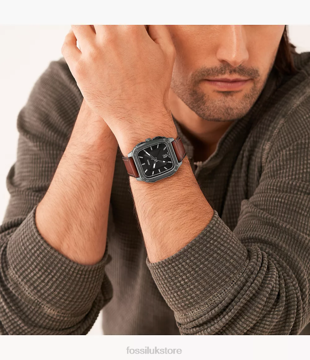 Watch 2N02H1411 Amber Men Fossil Inscription Three-Hand Date LiteHide Leather Watch