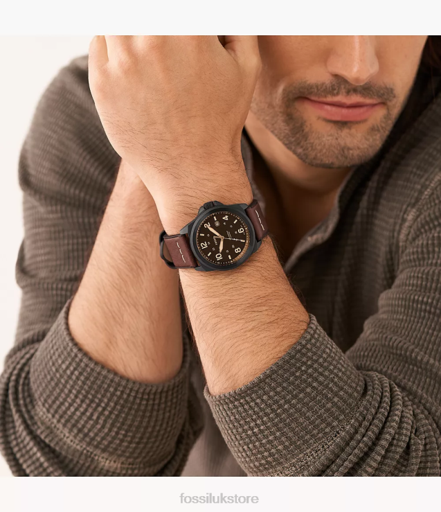 Watch 2N02H1413 Dark Brown Men Fossil Bronson Three-Hand Date LiteHide Leather Watch