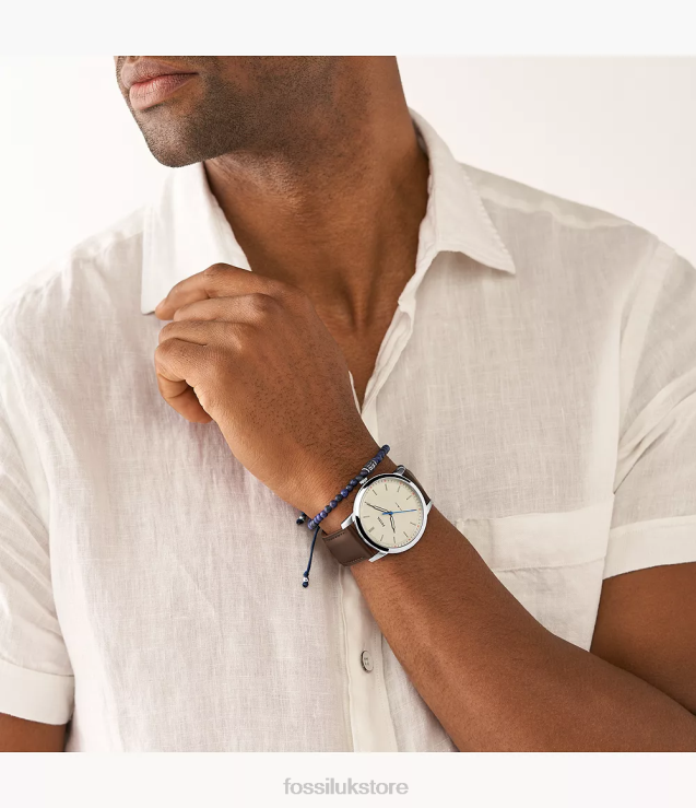 Watch 2N02H1421 Brown Men Fossil Minimalist Three-Hand Leather Watch and Bracelet Set