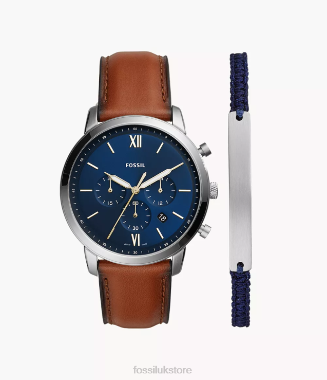 Watch 2N02H1436 Blue Men Fossil Neutra Chronograph Luggage Leather Watch and Bracelet Set