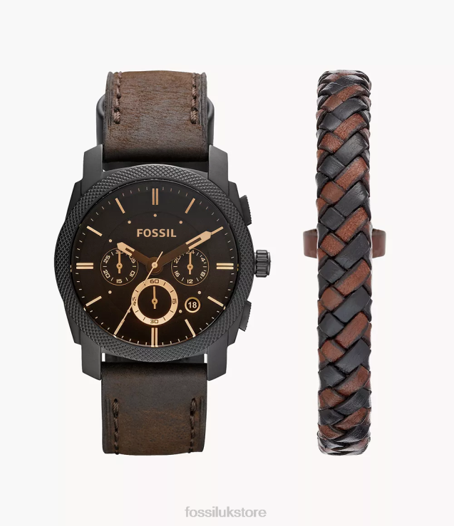 Watch 2N02H1457 Dark Brown Men Fossil Machine Chronograph Leather Watch and Bracelet Box Set