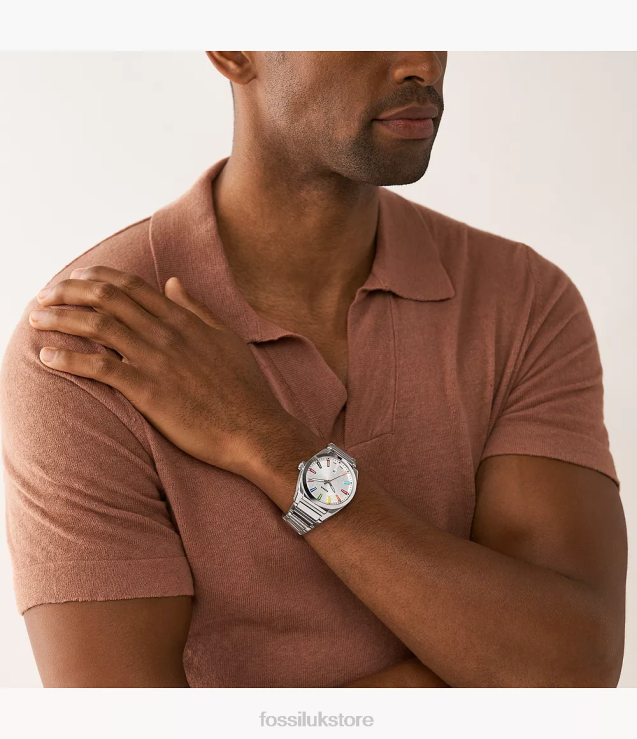 Watch 2N02H1344 Silver-Tone Men Fossil Pride Three-Hand Date Stainless Steel Watch