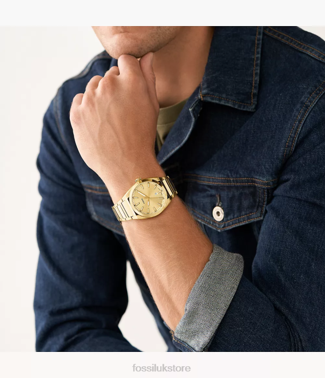 Watch 2N02H1347 Gold-Tone Men Fossil Everett Three-Hand Date Stainless Steel Watch