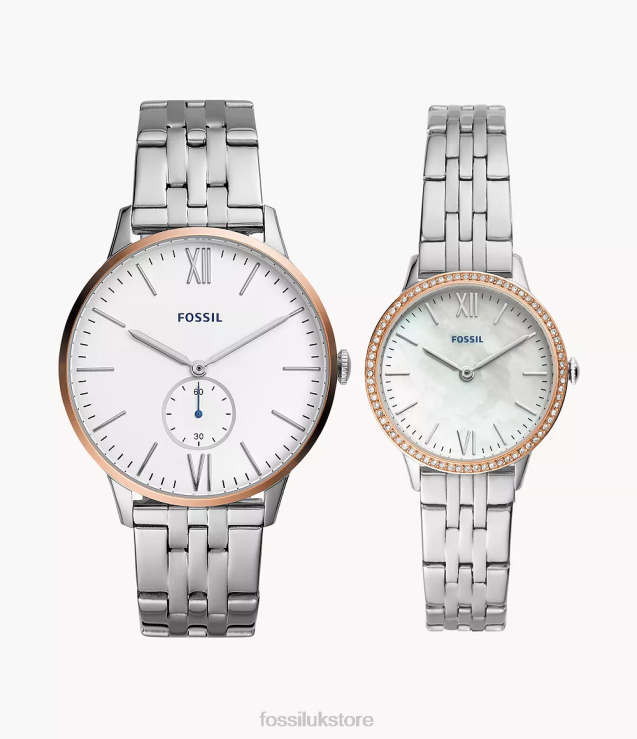 Watch 2N02H1568 Silver Men Fossil His & Her Three-Hand Stainless Steel Watch Box Set