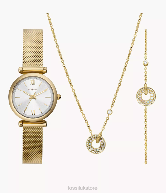 Watch 2N02H63 Gold-Tone Women Fossil Carlie Three-Hand Stainless Steel Mesh Watch and Jewelry Set