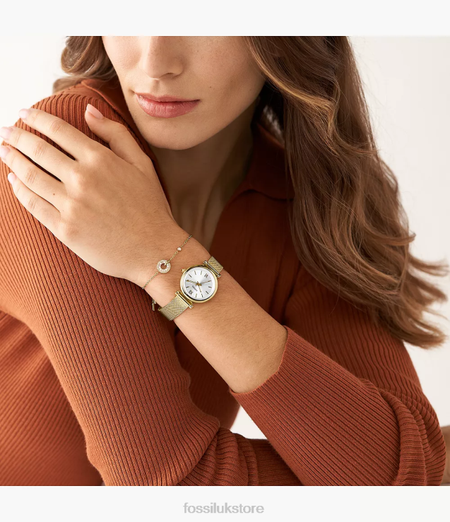 Watch 2N02H63 Gold-Tone Women Fossil Carlie Three-Hand Stainless Steel Mesh Watch and Jewelry Set