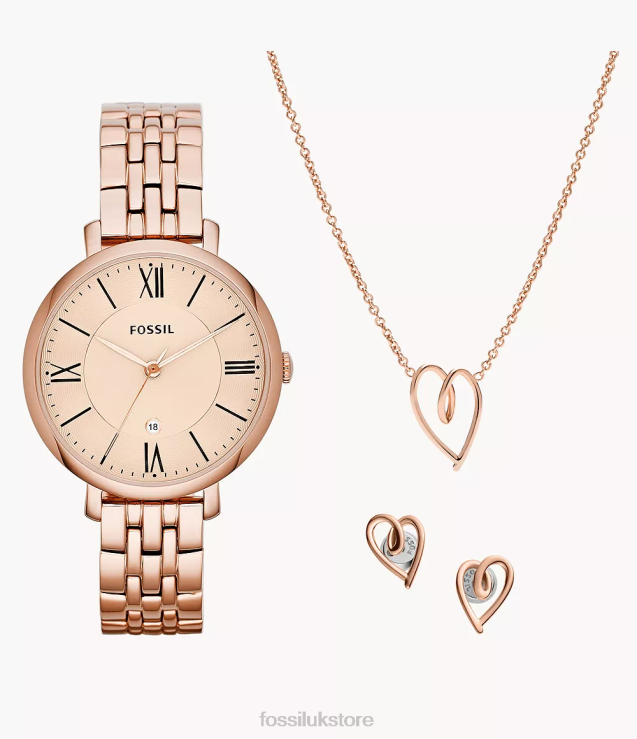 Watch 2N02H65 Rose Gold-Tone Women Fossil Jacqueline Three-Hand Date Stainless Steel Watch and Jewelry Set
