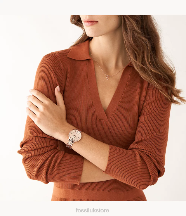 Watch 2N02H65 Rose Gold-Tone Women Fossil Jacqueline Three-Hand Date Stainless Steel Watch and Jewelry Set